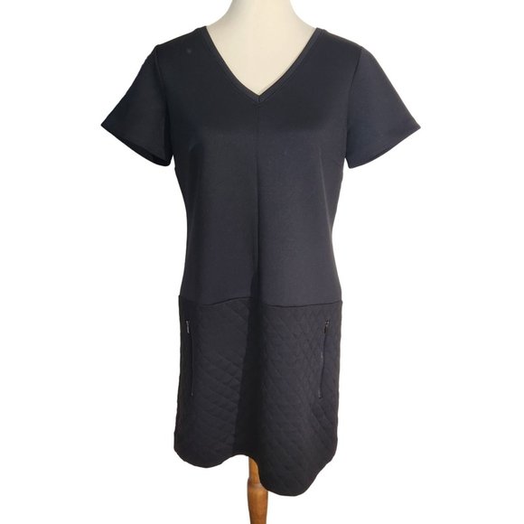 Ann Taylor Black Quilted Skirt Short Sleeve Shift Mini Dress Women's Size M - Picture 1 of 14